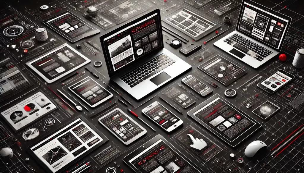 Imagem de fundo escura com diversos dispositivos (laptop, tablet, smartphone) exibindo um layout de Site Responsivo Com WordPress. A imagem representa a adaptabilidade e design digital.