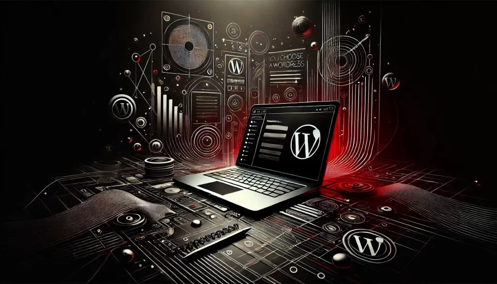 Imagem de fundo escura com elementos de seleção de tema para WordPress, incluindo um laptop exibindo uma tela de seleção de temas com várias miniaturas de temas. A imagem é predominantemente em preto e branco com detalhes em vermelho,representando personalização e design digital.