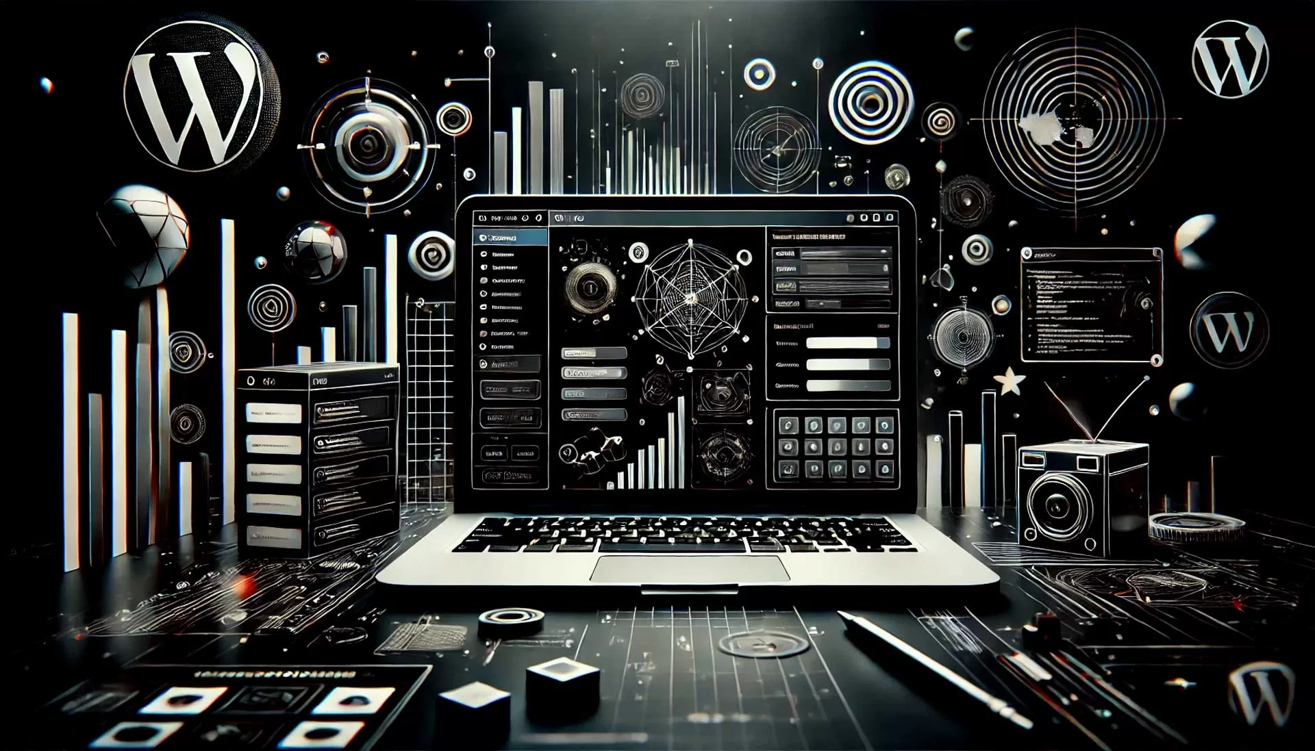 Imagem de fundo escura com elementos de personalização do layout do WordPress, incluindo um laptop exibindo a tela de personalização do WordPress com várias opções e ferramentas de layout. A imagem é predominantemente em preto e branco com detalhes em vermelho, representando personalização e design digital.
