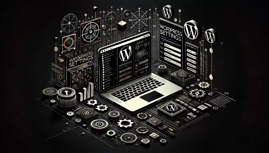 Imagem de fundo escura com elementos das configurações básicas do WordPress, incluindo um laptop exibindo a página de configurações do WordPress com vários ícones de configurações. A imagem é predominantemente em preto e branco com detalhes em vermelho representando configuração e configuração digital.