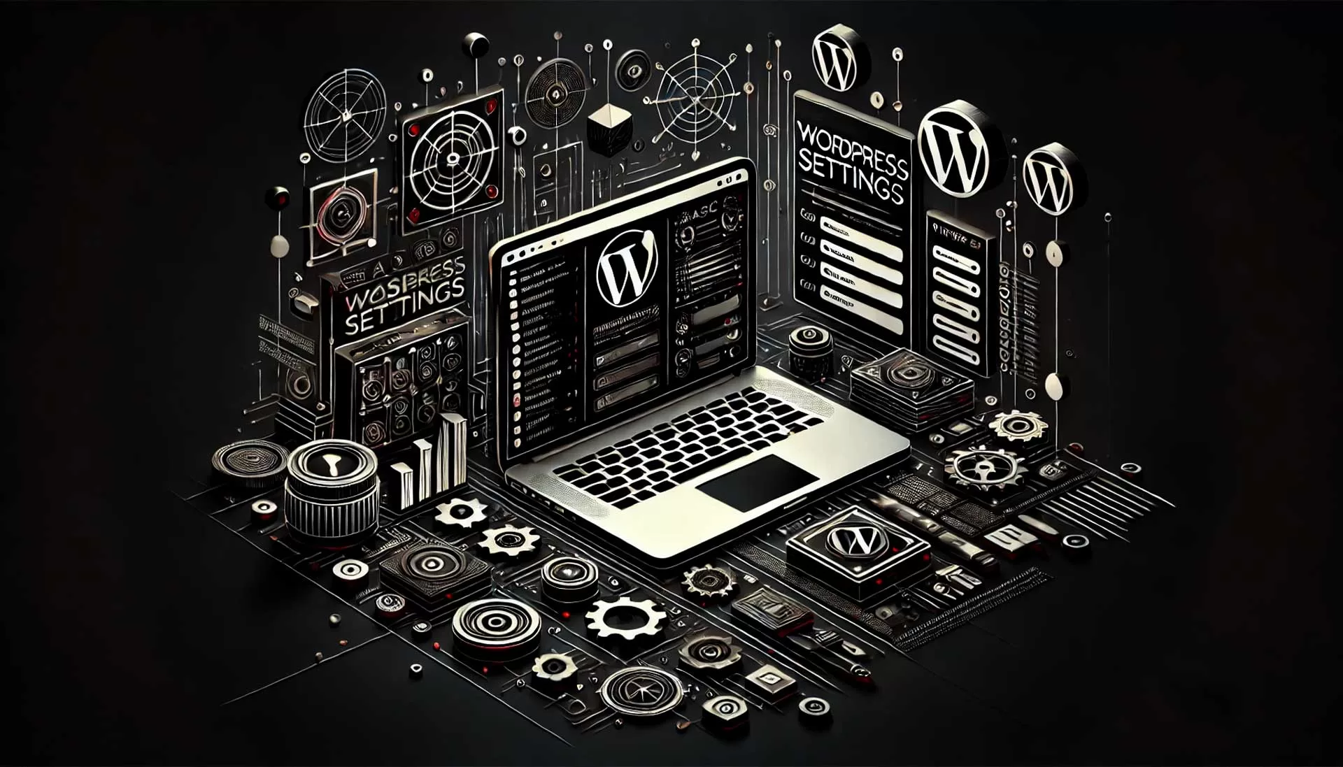 Imagem de fundo escura com elementos das configurações básicas do WordPress, incluindo um laptop exibindo a página de configurações do WordPress com vários ícones de configurações. A imagem é predominantemente em preto e branco com detalhes em vermelho representando configuração e configuração digital.