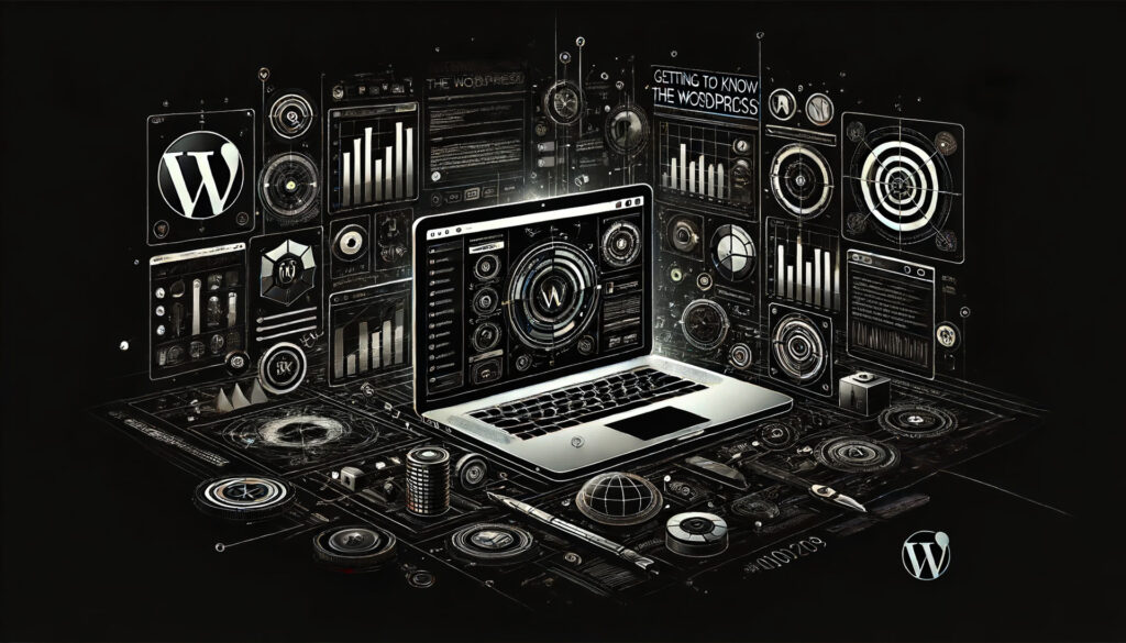 Imagem de fundo escura com elementos do painel de controle do WordPress, incluindo um laptop exibindo o dashboard do WordPress, com ícones e itens de menu visíveis. A imagem é predominantemente em preto e branco com detalhes em vermelho, representando a navegação e gestão digital.