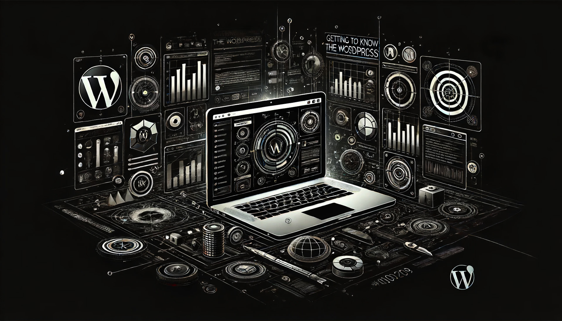 Imagem de fundo escura com elementos do painel de controle do WordPress, incluindo um laptop exibindo o dashboard do WordPress, com ícones e itens de menu visíveis. A imagem é predominantemente em preto e branco com detalhes em vermelho, representando a navegação e gestão digital.