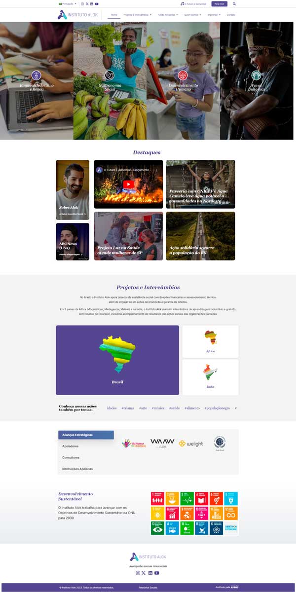 Página inicial do site do Instituto Alok, apresentando várias seções de conteúdo, incluindo destaques de projetos e parcerias, em um layout moderno e colorido.