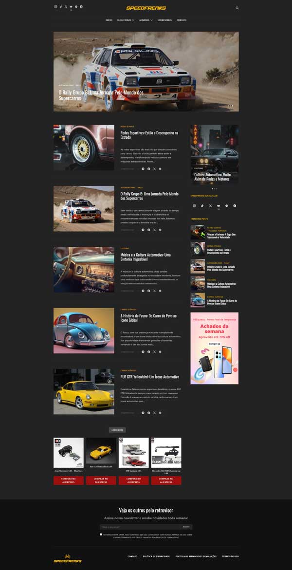 Captura de tela da página inicial do site SpeedFreaks, destacando várias seções de conteúdo relacionadas a Cultura Automotiva em um layout moderno e dinâmico com fundo escuro.