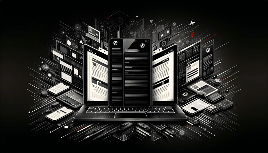 Imagem de fundo escura que mostra as diferenças entre WordPress.com e WordPress.org, incluindo um laptop exibindo telas divididas das interfaces de ambos. A imagem é predominantemente em preto e branco com detalhes em vermelho, representando a comparação e gestão digital.
