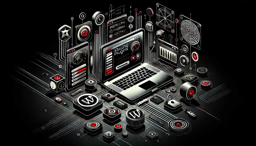 Imagem de fundo escura com elementos de instalação de plugins essenciais no WordPress, incluindo um laptop exibindo uma tela de instalação de plugins com vários ícones de plugins. A imagem é predominantemente em preto e branco com detalhes em vermelho, representando funcionalidade e aprimoramento digital.