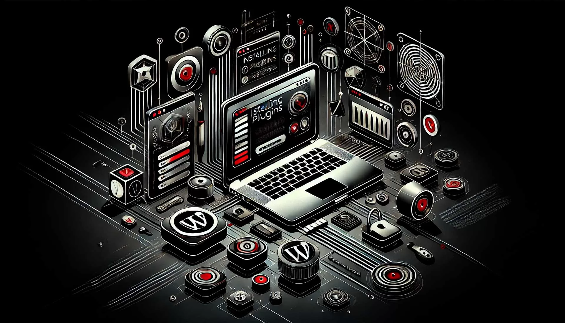 Imagem de fundo escura com elementos de instalação de plugins essenciais no WordPress, incluindo um laptop exibindo uma tela de instalação de plugins com vários ícones de plugins. A imagem é predominantemente em preto e branco com detalhes em vermelho, representando funcionalidade e aprimoramento digital.