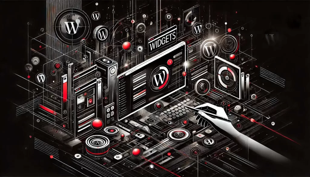 Imagem de fundo escura com widgets no WordPress sendo inseridos e outros sendo removidos de um layout exibido em uma tela. A imagem é predominantemente em preto e branco com detalhes em vermelho, representando personalização e design digital.