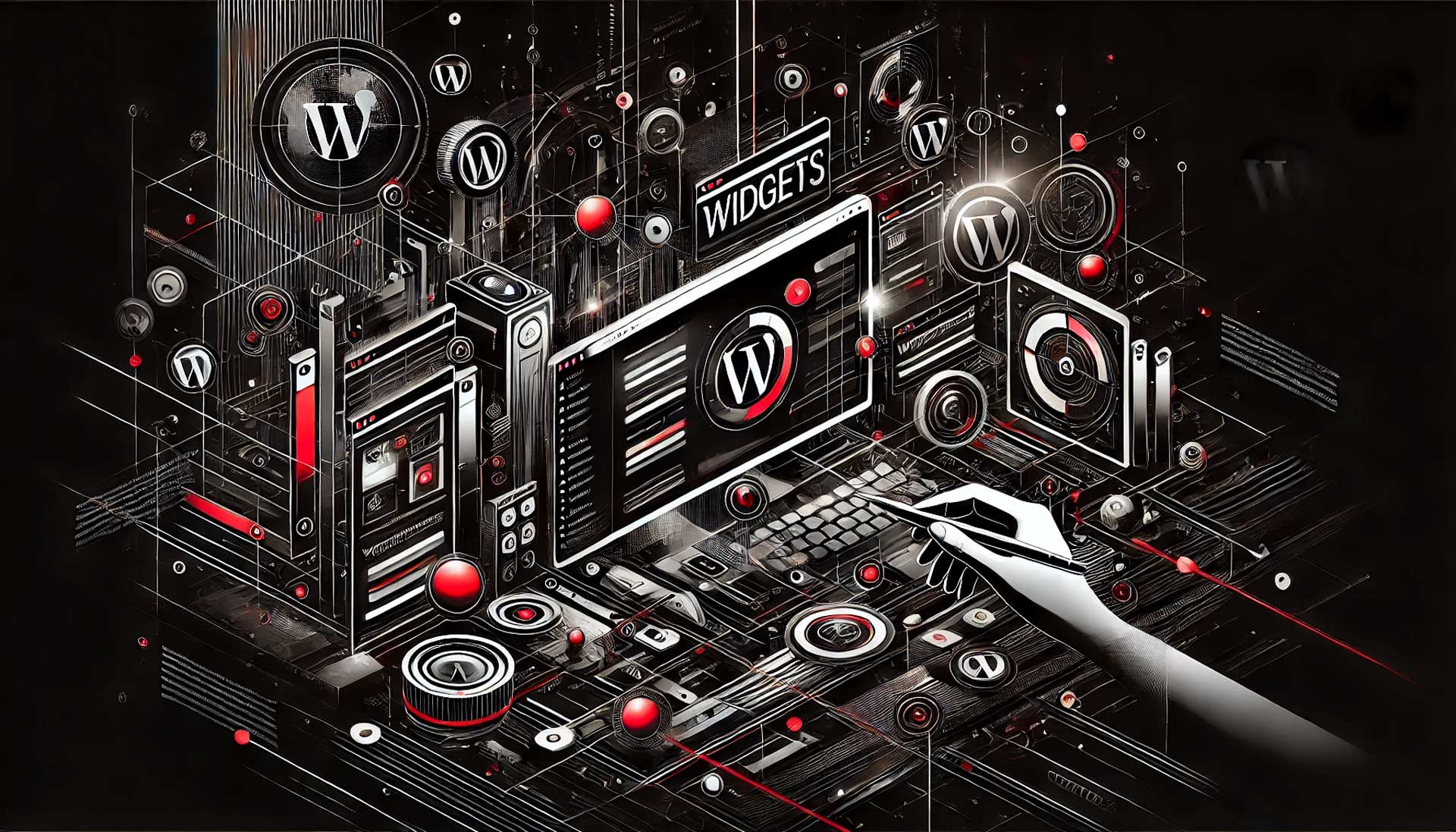 Imagem de fundo escura com widgets no WordPress sendo inseridos e outros sendo removidos de um layout exibido em uma tela. A imagem é predominantemente em preto e branco com detalhes em vermelho, representando personalização e design digital.