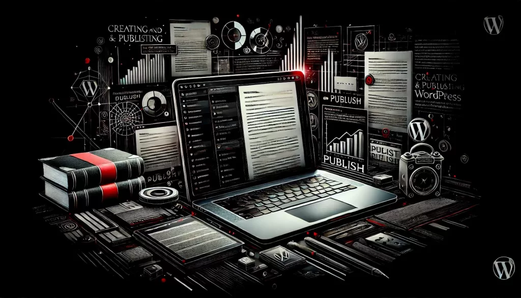Imagem de fundo escura com um laptop exibindo a tela de criação de posts do WordPress, com texto, imagens e opções de publicação visíveis. A imagem é predominantemente em preto e branco com detalhes em vermelho, representando a criação de conteúdo e publicação digital para o post "Como Criar e Publicar Posts no Wordpress".