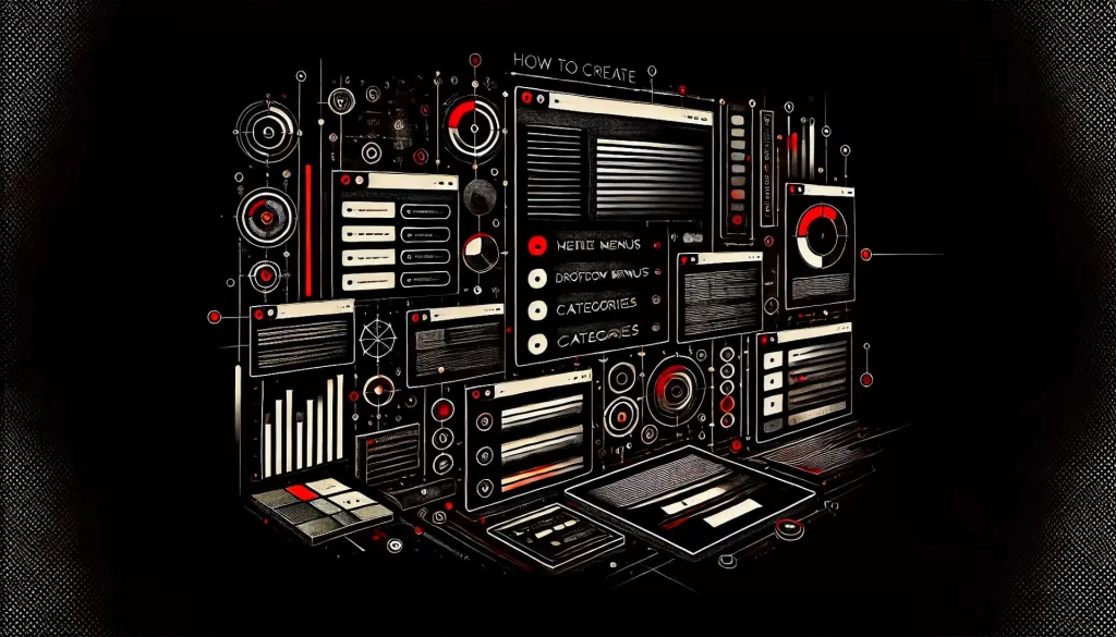 Imagem de fundo escura com estruturas de menus simples, menus suspensos (dropdown) e estruturas de categorias exibidas em uma tela. A imagem é predominantemente em preto e branco com detalhes em vermelho, representando organização e design digital.