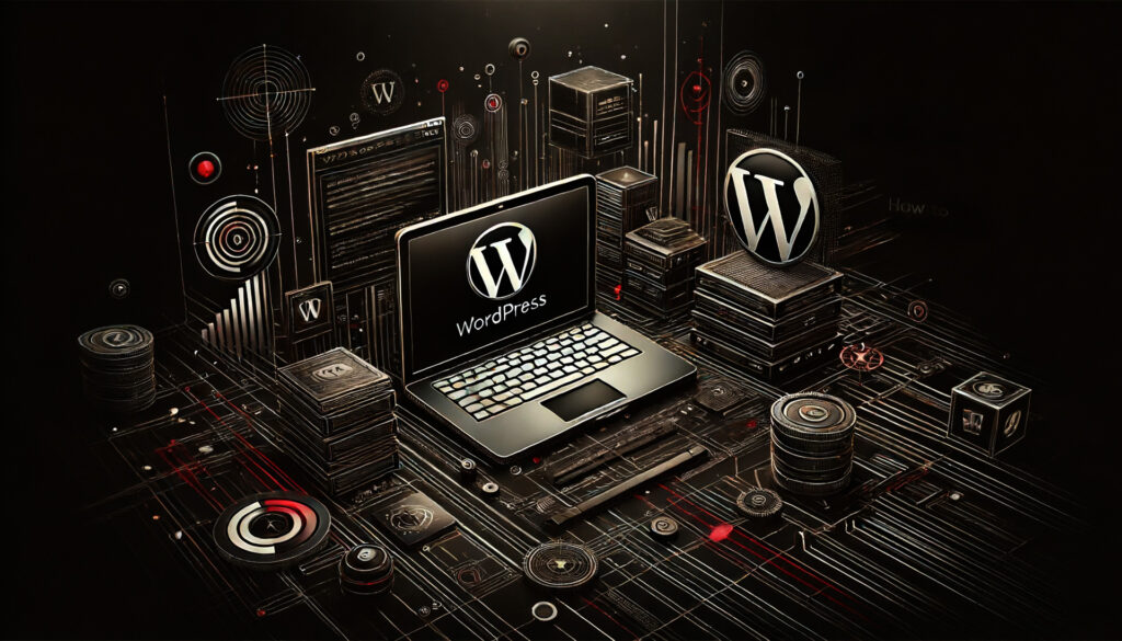 Imagem de fundo escura com elementos de instalação do WordPress, incluindo um laptop exibindo a tela de instalação do WordPress, o logotipo do WordPress e barras de progresso de instalação. A imagem é predominantemente em preto e branco com detalhes em vermelho, representando a configuração técnica e instalação digital.