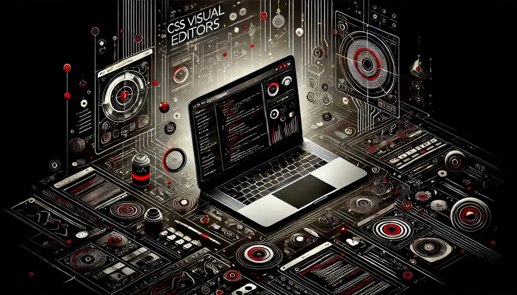 Imagem de fundo escura com um laptop exibindo um editor visual de CSS para o post sobre o plugin CSS Hero, com várias ferramentas de design e opções visíveis na tela. A imagem é predominantemente em preto e branco com detalhes em vermelho, representando design e personalização.