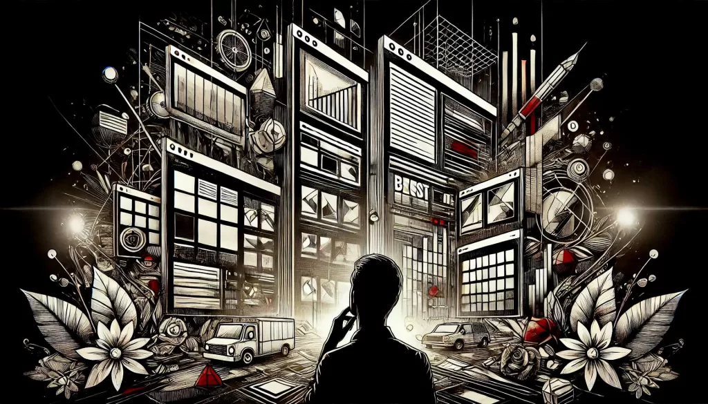 Imagem de fundo escura com uma pessoa olhando para várias telas, cada uma exibindo diferentes plugins construtores de página para WordPress. A pessoa aparenta estar em dúvida sobre qual escolher. A imagem é predominantemente em preto e branco com detalhes em vermelho, representando a tomada de decisão e o design digital.