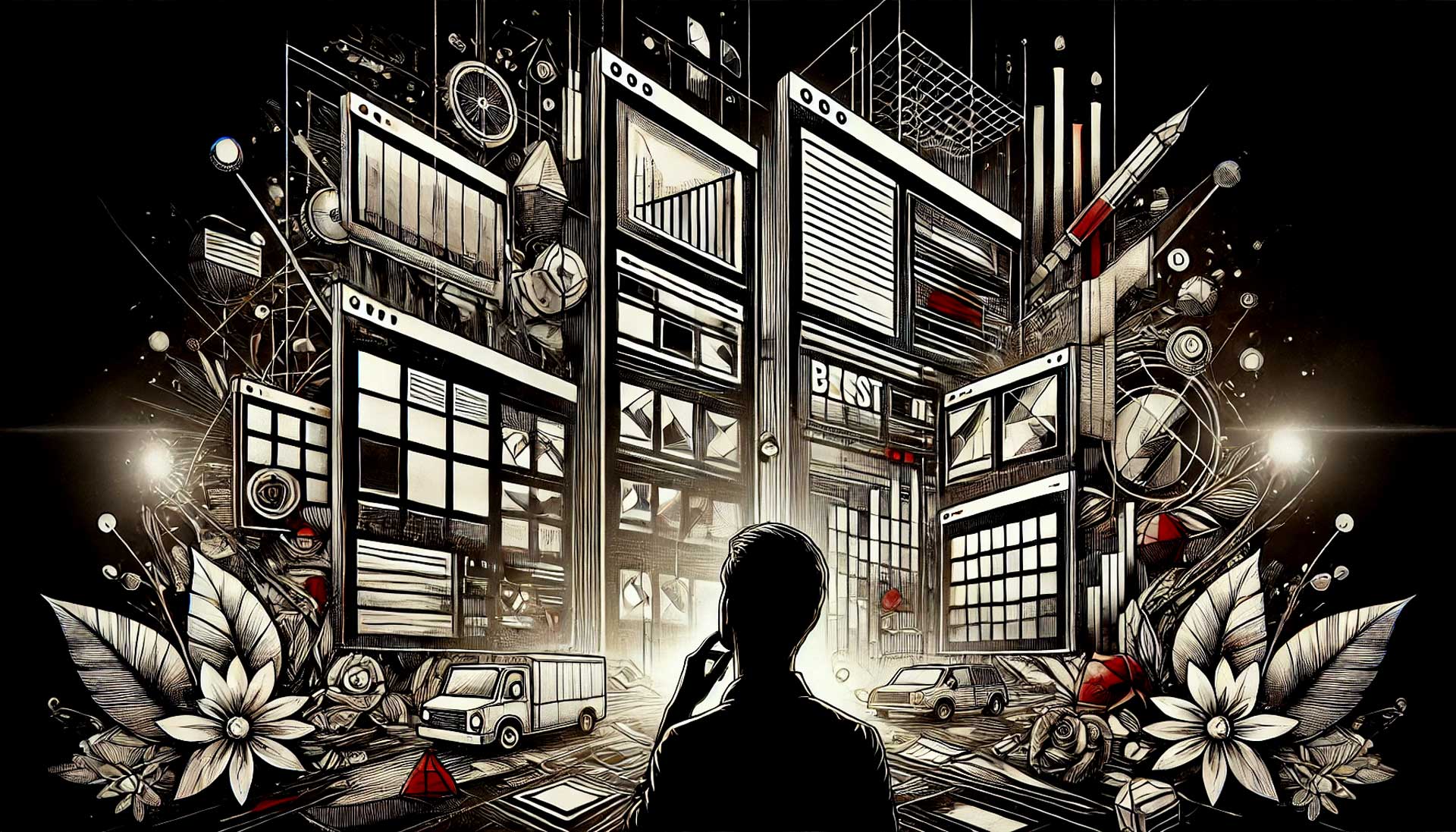 Imagem de fundo escura com uma pessoa olhando para várias telas, cada uma exibindo diferentes plugins construtores de página para WordPress. A pessoa aparenta estar em dúvida sobre qual escolher. A imagem é predominantemente em preto e branco com detalhes em vermelho, representando a tomada de decisão e o design digital.