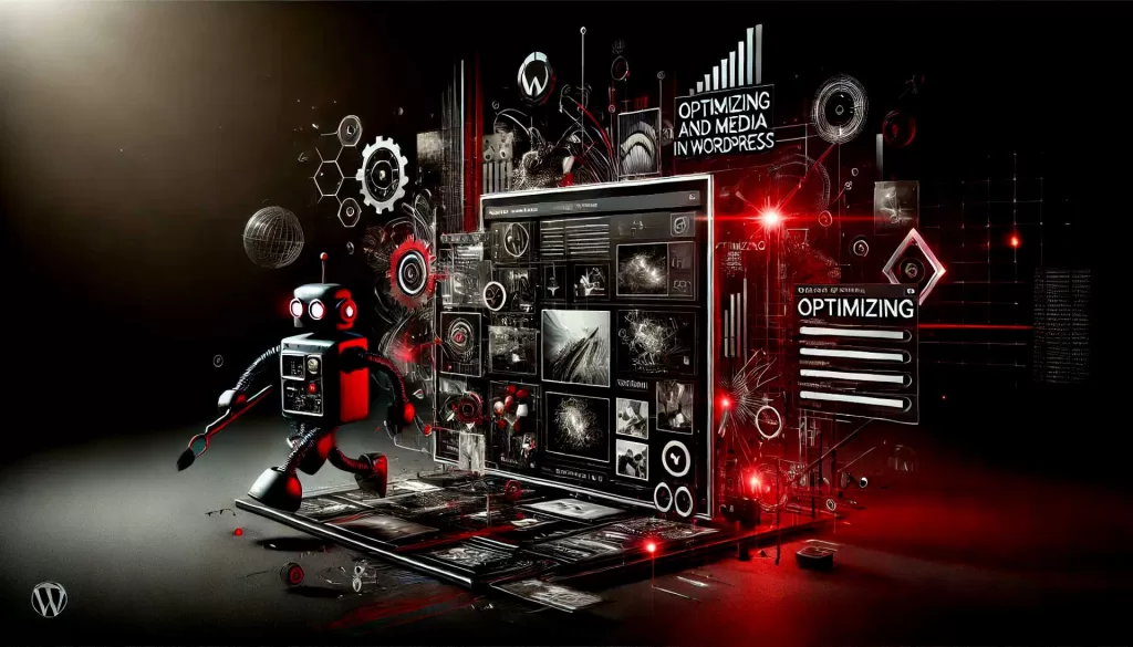 Imagem de fundo escura com fotos e arquivos de mídia sendo otimizados por robôs exibidos em uma tela. A imagem é predominantemente em preto e branco com detalhes em vermelho (HEX #D90429), representando otimização e aprimoramento digital.