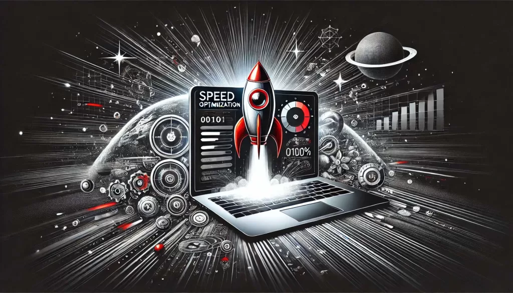 Imagem de fundo escura com um laptop exibindo um foguete saindo da tela, simbolizando velocidade e otimização, representando 10 Dicas para Otimizar a velocidade do WordPress