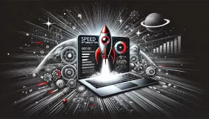 Imagem de fundo escura com um laptop exibindo um foguete saindo da tela, simbolizando velocidade e otimização, representando 10 Dicas para Otimizar a velocidade do WordPress