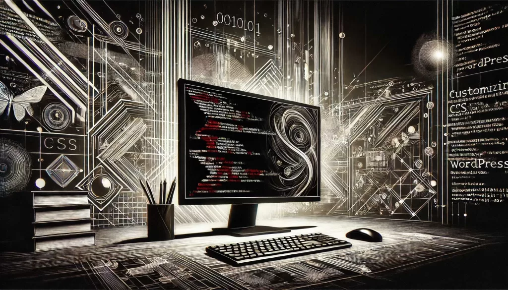 Imagem de fundo escura com um desktop de frente para a câmera, exibindo várias linhas de código CSS na tela, representando como personalizar o CSS em um tema do WordPress.