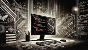 Imagem de fundo escura com um desktop de frente para a câmera, exibindo várias linhas de código CSS na tela, representando como personalizar o CSS em um tema do WordPress.