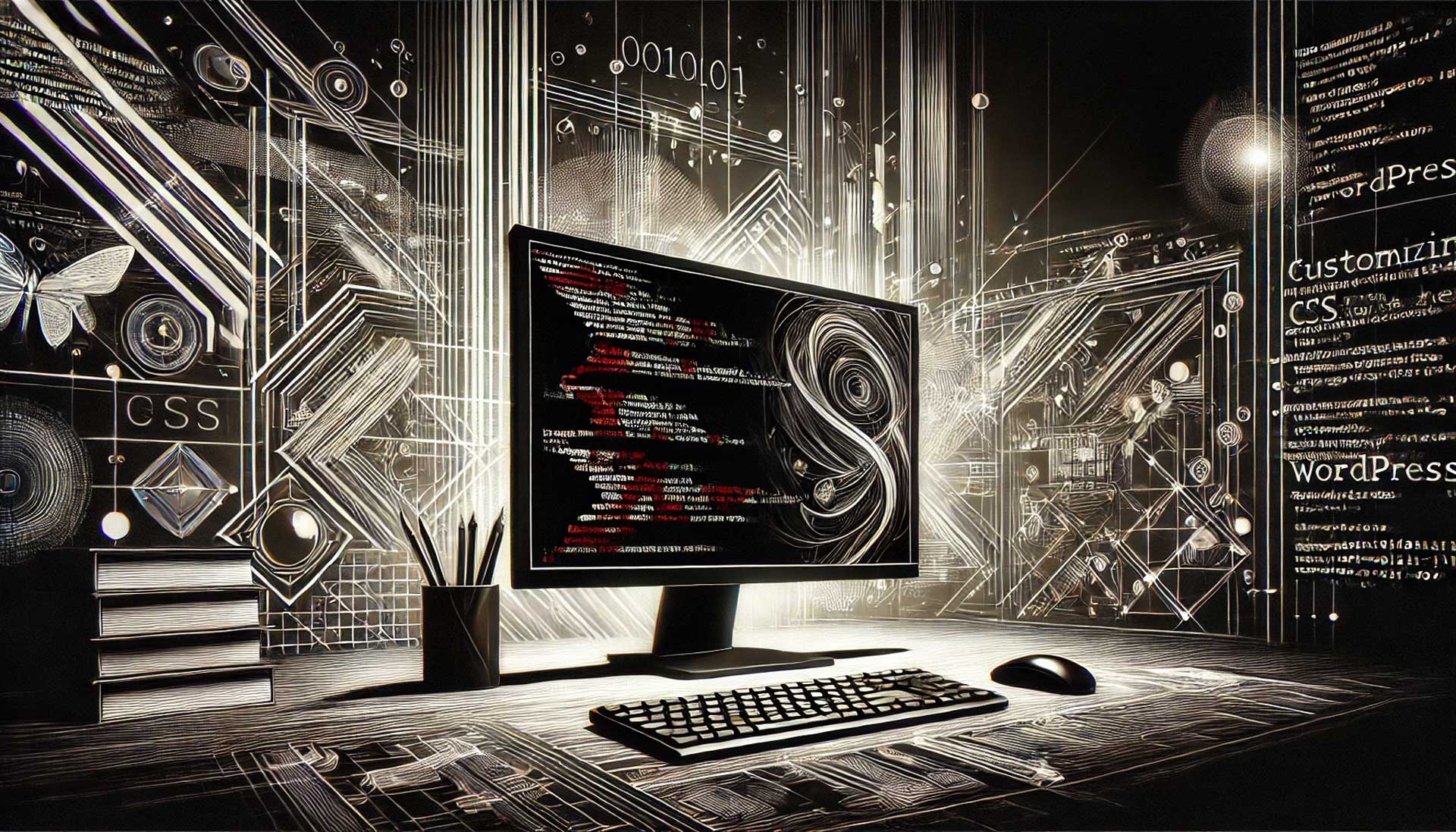 Imagem de fundo escura com um desktop de frente para a câmera, exibindo várias linhas de código CSS na tela, representando como personalizar o CSS em um tema do WordPress.