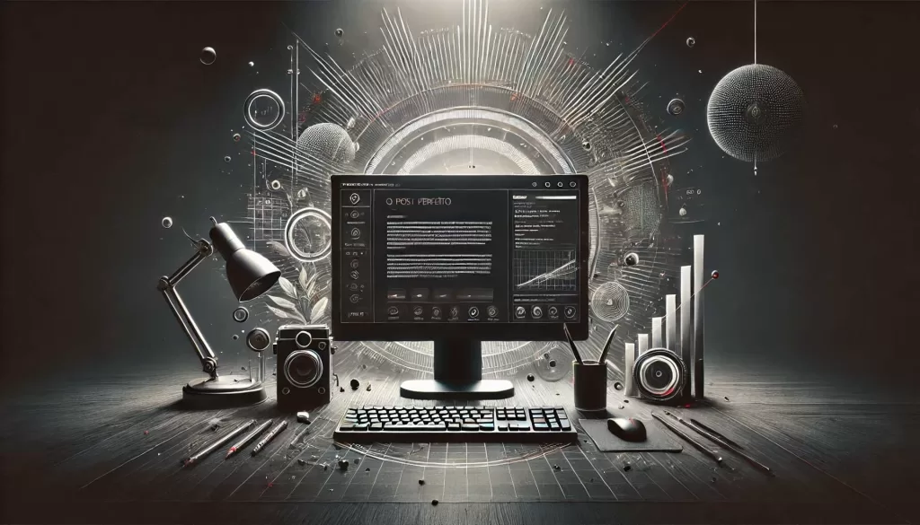 Imagem de fundo escura com um desktop de frente para a câmera, exibindo um monitor ultrawide com um post de blog perfeitamente estruturado. Há uma aura ao redor do monitor para simbolizar perfeição e excelência, com o texto 'Estrutura de Post Perfeito' incluído na imagem.