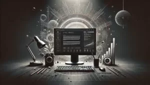 Imagem de fundo escura com um desktop de frente para a câmera, exibindo um monitor ultrawide com um post de blog perfeitamente estruturado. Há uma aura ao redor do monitor para simbolizar perfeição e excelência, com o texto 'Estrutura de Post Perfeito' incluído na imagem.