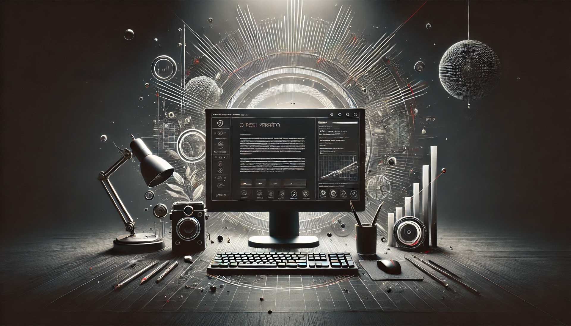 Imagem de fundo escura com um desktop de frente para a câmera, exibindo um monitor ultrawide com um post de blog perfeitamente estruturado. Há uma aura ao redor do monitor para simbolizar perfeição e excelência, com o texto 'Estrutura de Post Perfeito' incluído na imagem.