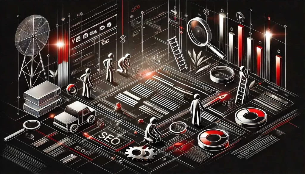 Imagem de fundo escura com bonequinhos trabalhando em uma página, colocando palavras-chave e estruturando a página como se fosse uma obra, representando a otimização de SEO com o plugin para wordpress RankMath SEO