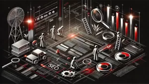 Imagem de fundo escura com bonequinhos trabalhando em uma página, colocando palavras-chave e estruturando a página como se fosse uma obra, representando a otimização de SEO com o plugin para wordpress RankMath SEO