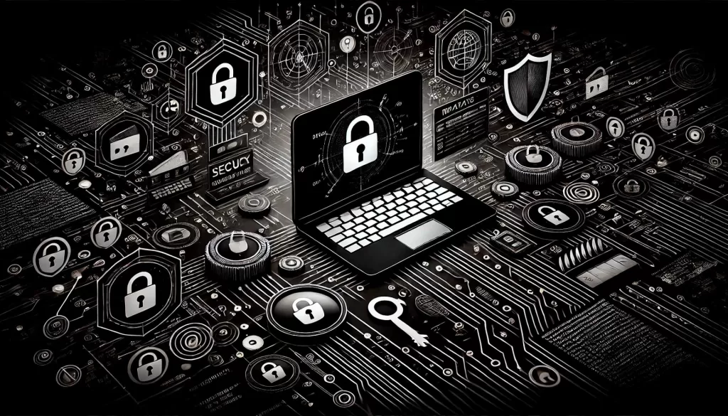 Imagem de fundo escura com um laptop exibindo ferramentas de segurança, ícones de cadeado e símbolos de escudo. A imagem é predominantemente em preto e branco com detalhes em vermelho, representando proteção e segurança no wordpress.
