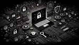 Imagem de fundo escura com um laptop exibindo ferramentas de segurança, ícones de cadeado e símbolos de escudo. A imagem é predominantemente em preto e branco com detalhes em vermelho, representando proteção e segurança no wordpress.