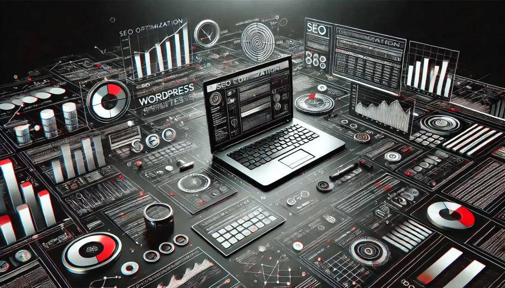 Imagem de fundo escura com um laptop exibindo ferramentas de SEO, gráficos e configurações do WordPress relacionadas à otimização de SEO. A imagem é predominantemente em preto e branco com detalhes em vermelho, representando estratégia digital e melhoria para ilustrar o post SEO para WordPress.