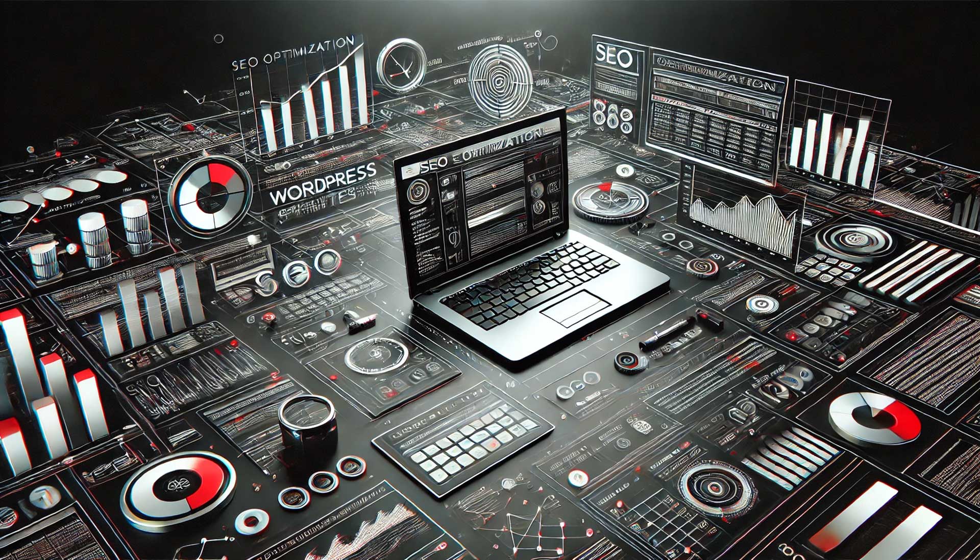 Imagem de fundo escura com um laptop exibindo ferramentas de SEO, gráficos e configurações do WordPress relacionadas à otimização de SEO. A imagem é predominantemente em preto e branco com detalhes em vermelho, representando estratégia digital e melhoria para ilustrar o post SEO para WordPress.