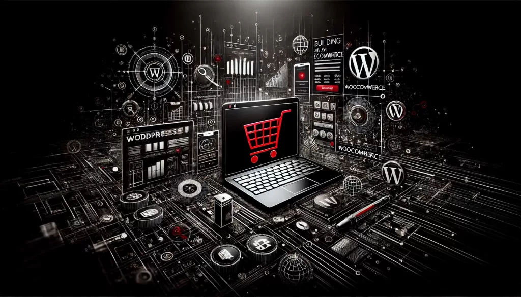 Imagem de fundo escura com um laptop exibindo ferramentas do WooCommerce, ícones de carrinho de compras e páginas de produtos. A imagem é predominantemente em preto e branco com detalhes em vermelho, representando um site de vendas wordpress