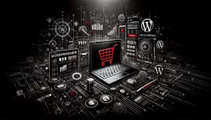 Imagem de fundo escura com um laptop exibindo ferramentas do WooCommerce, ícones de carrinho de compras e páginas de produtos. A imagem é predominantemente em preto e branco com detalhes em vermelho, representando um site de vendas wordpress
