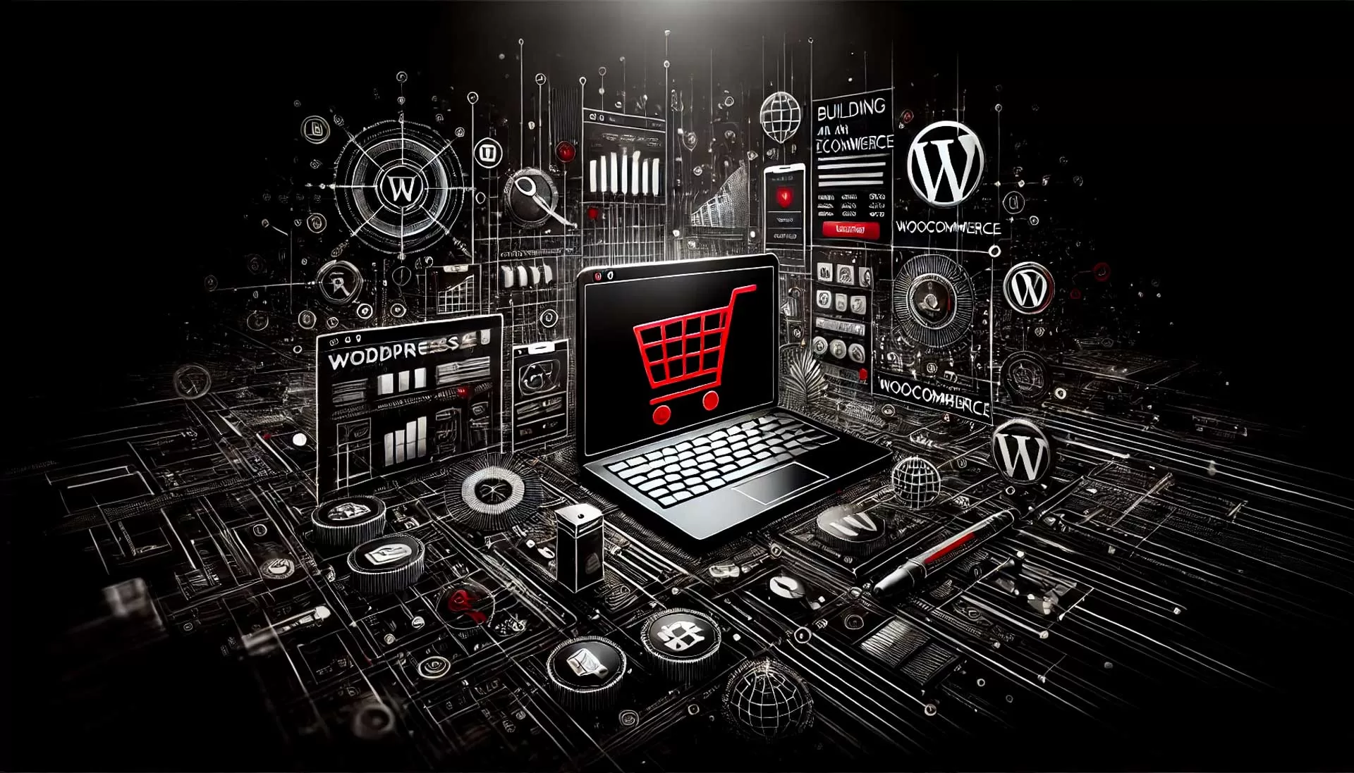 Imagem de fundo escura com um laptop exibindo ferramentas do WooCommerce, ícones de carrinho de compras e páginas de produtos. A imagem é predominantemente em preto e branco com detalhes em vermelho, representando um site de vendas wordpress